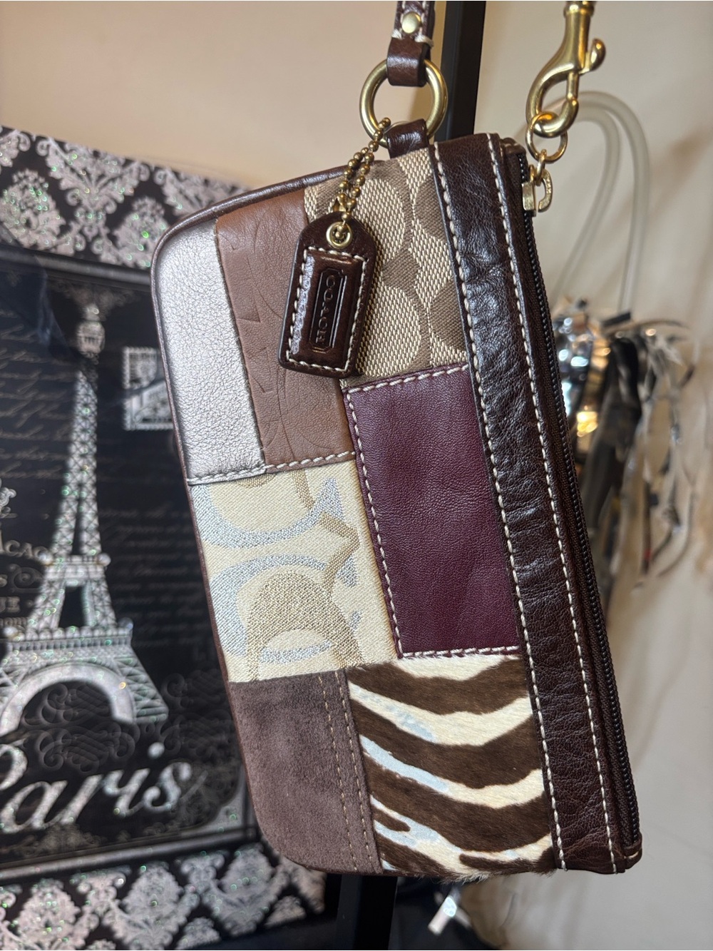 Coach Patchwork Wristlet in Brown, Burgundy & Tan Vintage BEAUTY